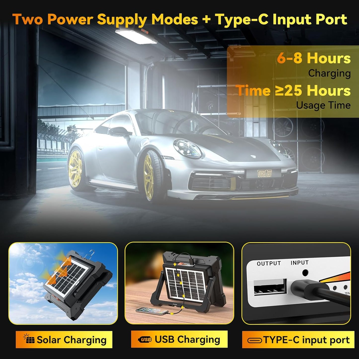 200W Led Work Light Rechargeable,20000MAh Solar Portable Light, 20000LM Magnetic Work Lights, 326 Led Battery Work Lights with Stand 5 Lights Modes IP66 Waterproof for Outdoor Camping Car Repairing