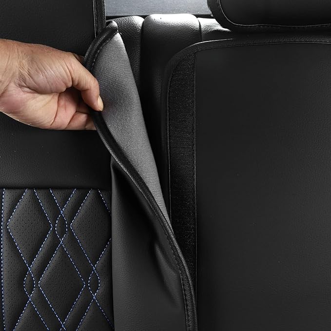Huidasource Back Seat Covers, Waterproof Leather Rear Split Bench Car Seat Cover, Vehicle Seat Cushion Cover Protector Universal Fit for Most Cars Sedan Pickup Truck SUV(Back Row/Black&Blue)