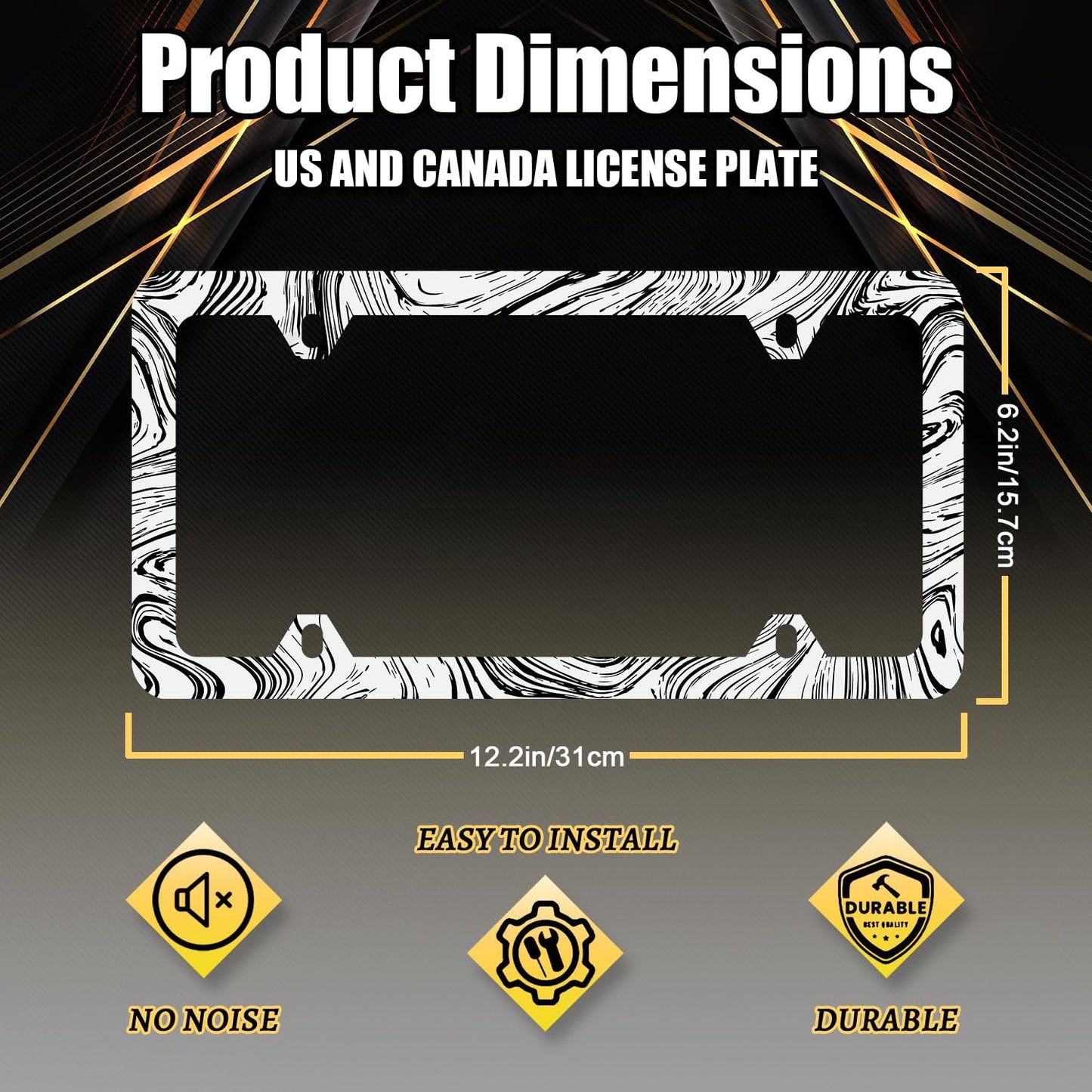 Abstract Marble Print License Plate Frame Wood Texture Marble License Plate Stainless Steel Colorful Car Accessory Funny License Plate Decoration Men Women Size 12.2"x6.2" with Screws