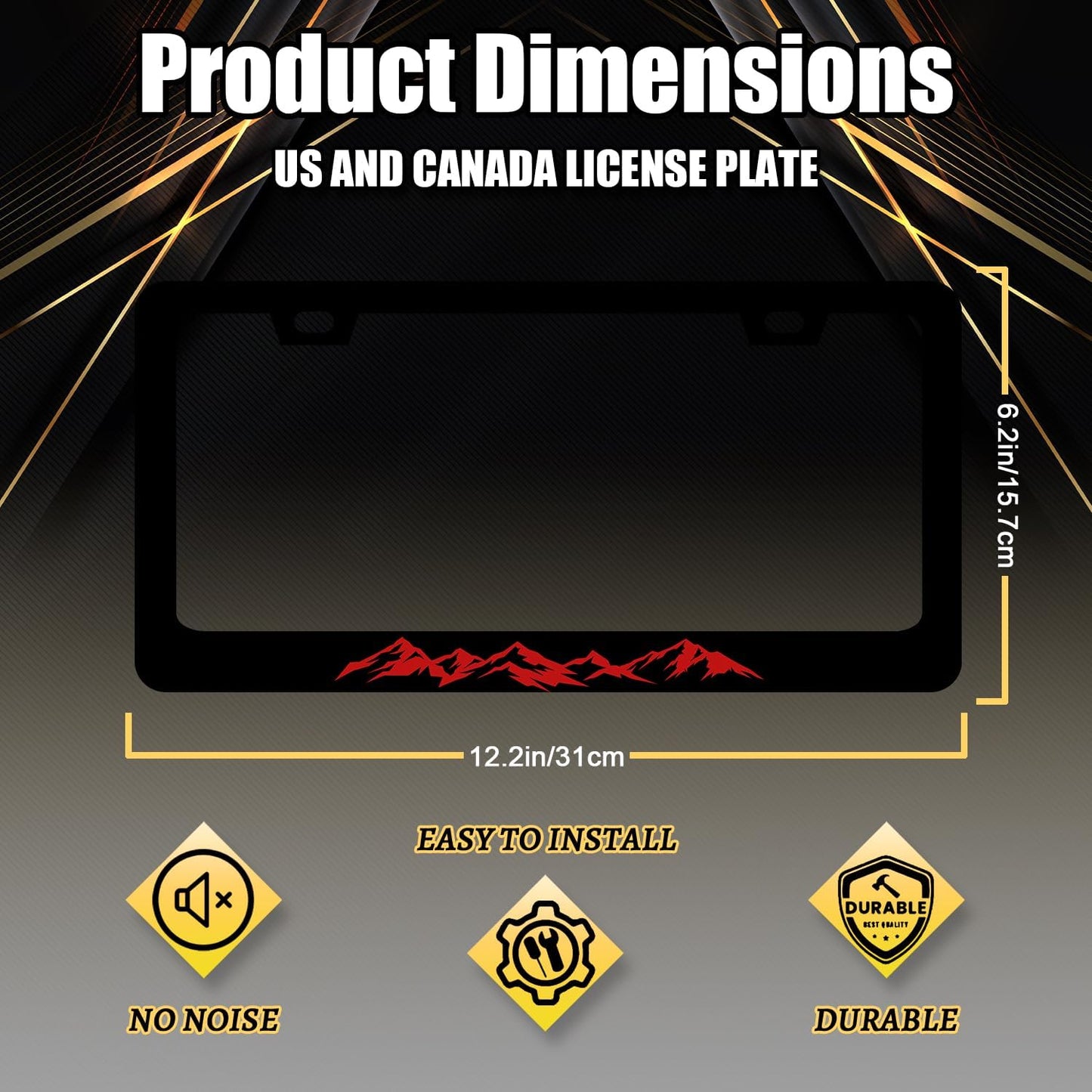 Mountain License Plate Frame Colorful Mountains License Plate Stainless Steel Funny Black Accessories Cars Decor 12.2 X 6.2 Inch with 2 Holes and Screws Fits Standard Us Ca Vehicles