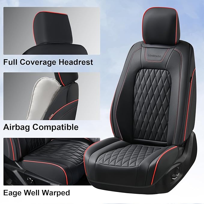 Coverado Leather Car Seat Cover, Custom Fit for Ford F150 Seat Covers, Ford F150 Truck Seat Covers Waterproof Fit for 2015-2025 F150 & 2017-2025 F250 F350 F450 Redline - Front Pair