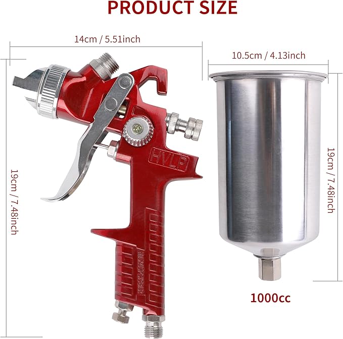 HVLP Gravity Feed Spray Gun, Automotive Air Paint Spray Gun Kit, Suitable for Auto Paint, Base Coat & Touch Up (RED 4 Nozzle)