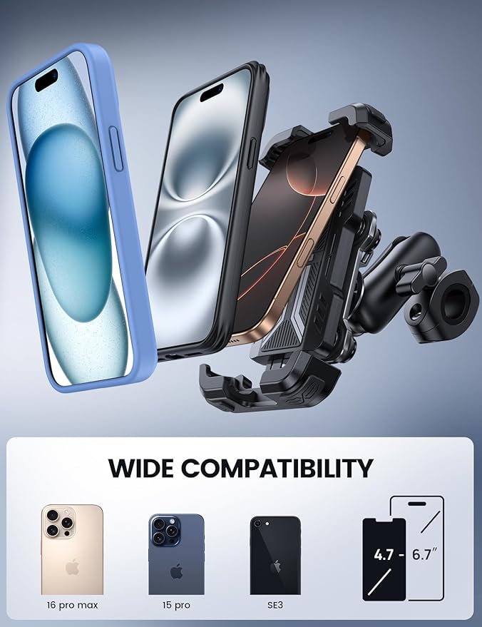 Lamicall Motorcycle Phone Mount Holder - [Dual Vibration Dampener] [Metal Adjustment Arm] Motorcycle Cell Phone Holder, Bike Handlebar Phone Mount, for iPhone 16/15/ 14/13 Pro Max, 4.7-6.7" Phones