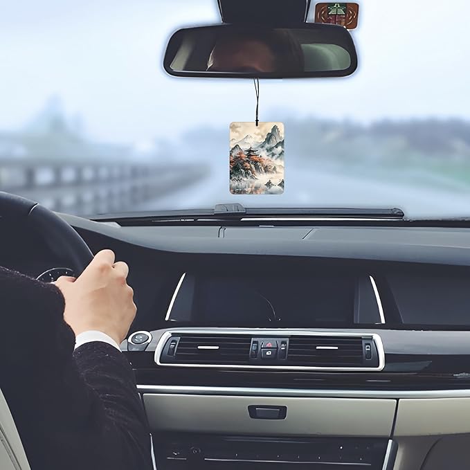 Vintage Boho Japanese Landscape Car Air Freshener 4 Pcs, Mist Mountain Forest Temple Hanging Scents Air Freshener for Women Men Gifts, Retro Scented Car Accessories Decor for Room Closet Drawer