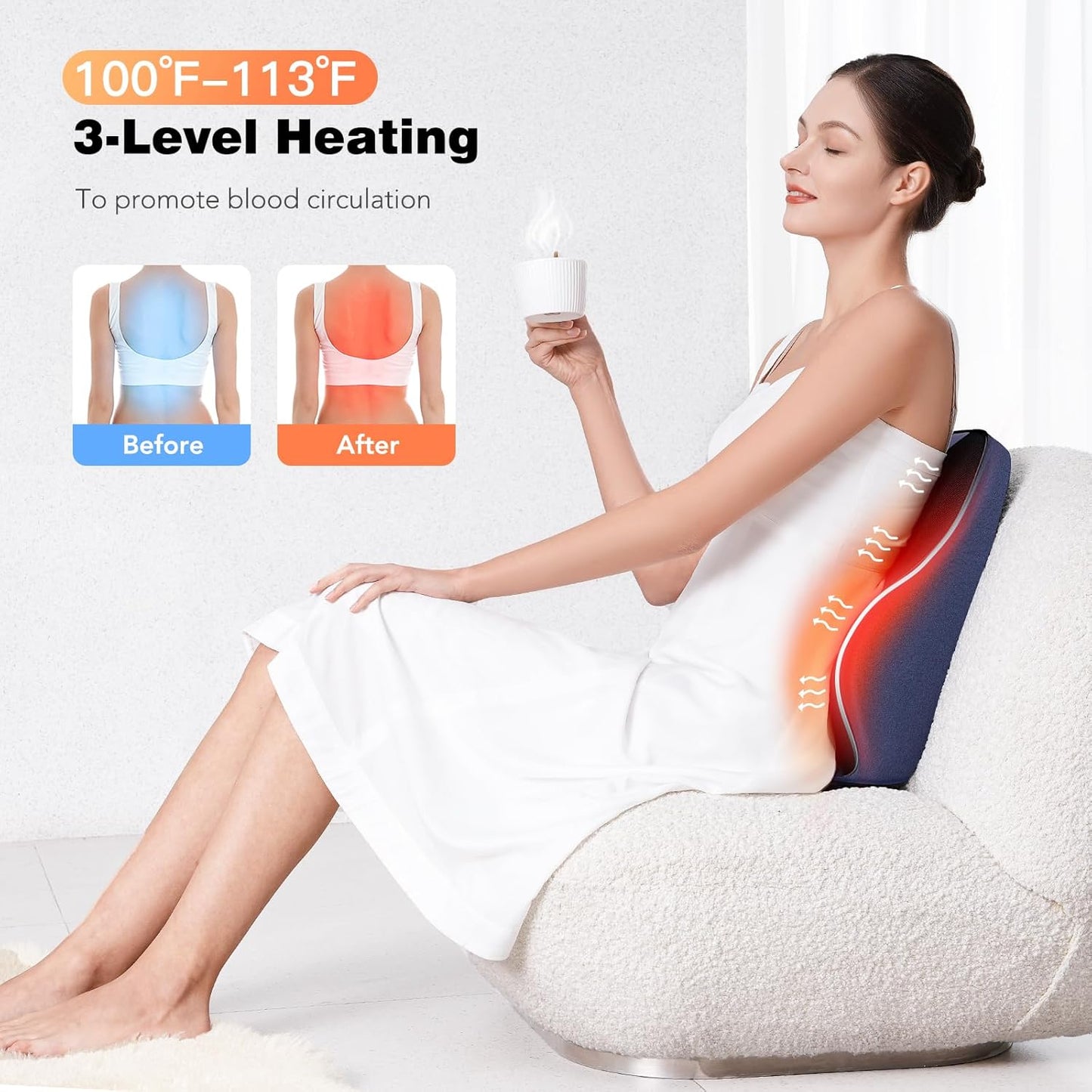 Lumbar Support Pillow for Office Chair, Heated Back Support Pillow with Vibration, Back Massage for Pain Relief, at Home Office Car Sofa, 3 Heating Levels & 4 Motors & 3 Intensities, Gifts