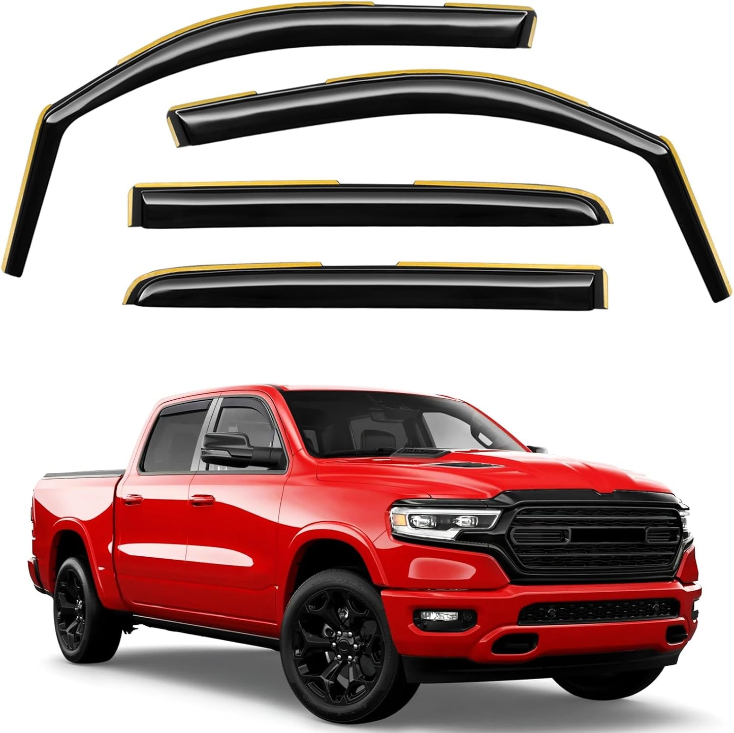 in-Channel Window Rain Guards Fit for Truck Dodge RAM 1500 (New Body Style Includes TRX) 2019-2025 Crew Cab Extra Durable Window Deflectors Vent Visors Shades Exterior Car Accessories