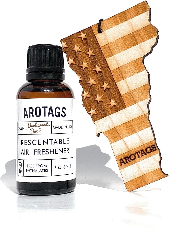 Arotags Car Air Freshener - Reusable Wood Diffuser - Hanging Odor Eliminator - Vermont Patriot - Balsam & Cedar Scent