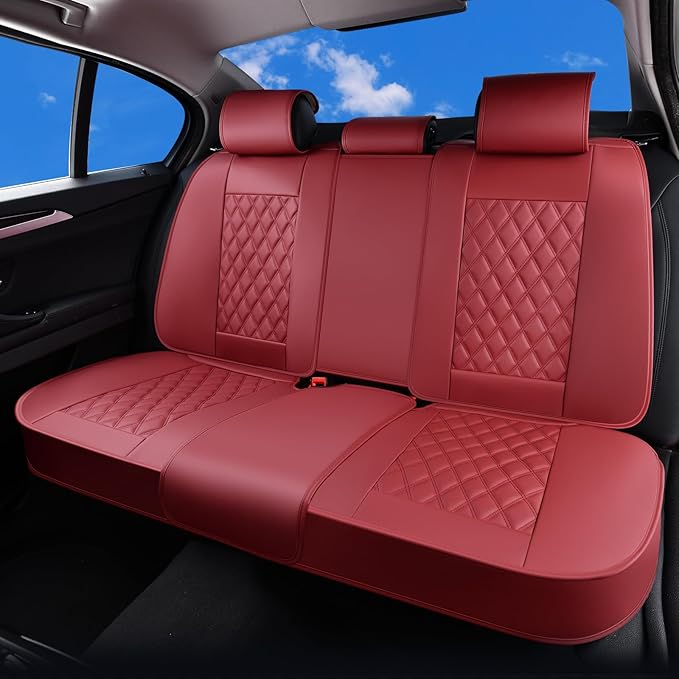 Huidasource Rear Car Seat Cover, Nappa Leather Rear Seat Cover Velcro Adjustable, Compatible with Armrests, Seat Belts, Child Safety Seats, Universal Fit for Most Cars SUVs Trucks (Back Row/Red)