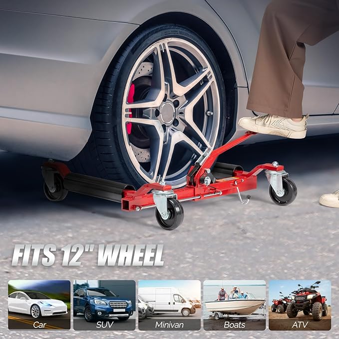 TUFFIOM Car Wheel Dolly Jack Set of 2, Mechanical 3000-lbs Car Skates, 12'' Wheel Vehicle Positioning Jack, Heavy Duty Rollers with Ratcheting Foot Pedal for Tire Auto Repair Moving, Red