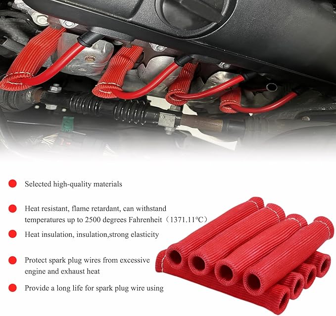 8Pcs 2500° Degree Spark Plug Wire Boots Heat Shield Protector Sleeve Cover Compatible with SBC BBC 350 454,6 Inch, Red