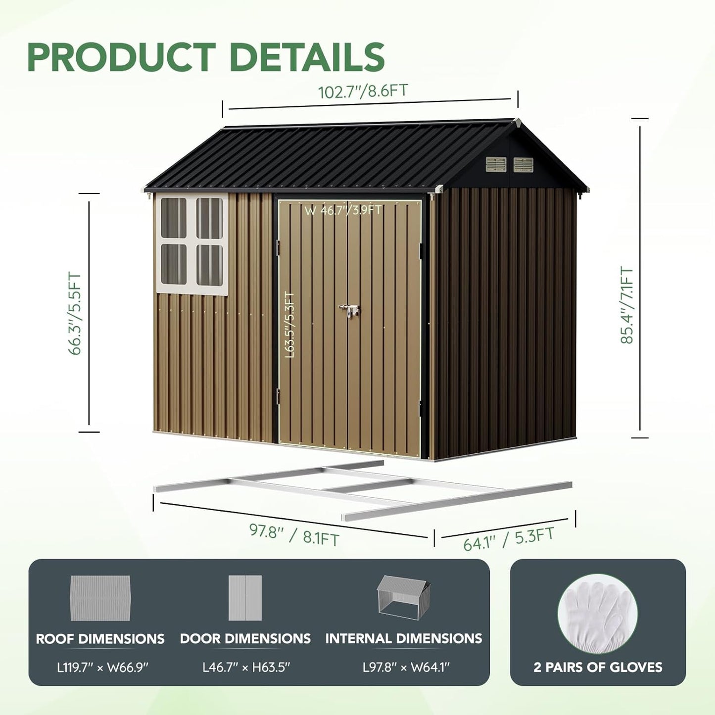 8X6FT Outdoor Steel Storage Shed with Lockable Doors, Frame Floor (No Wood/Other Boards),One Window,Ideal for Garden, Backyard, Patio Storage,Brown