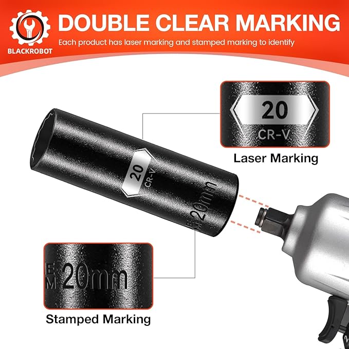 BLACKROBOT 20 mm 12-Point Deep Impact Socket, 1/2 Inch Drive, Metric, Cr-V Steel With Black Manganese Phosphate Coating