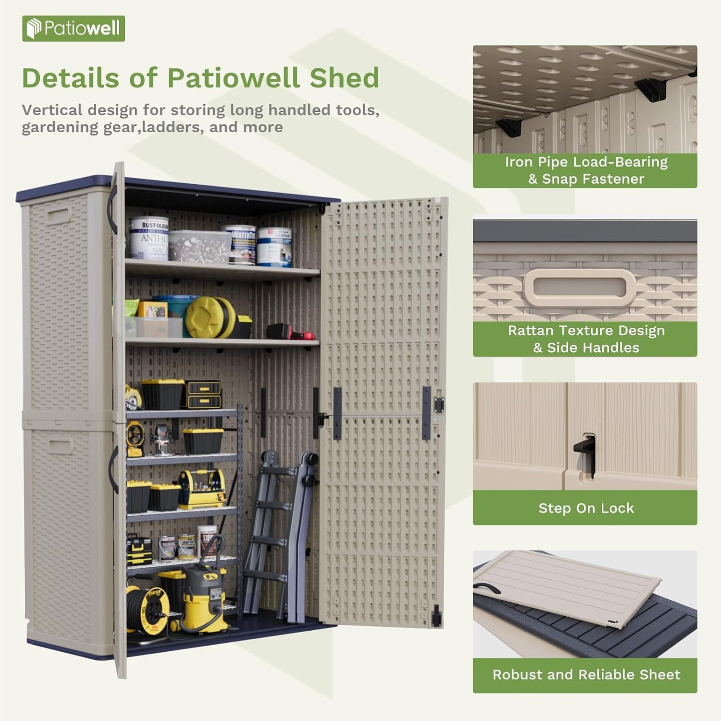 Patiowell 50 cu.ft Plastic Outdoor Storage Shed, Lockable Waterproof Resin Storage Cabinet Vertical Storage Shed for Garden Tools, Garbage Cans, Pool Supplies, Beige(Not Include Shelves)