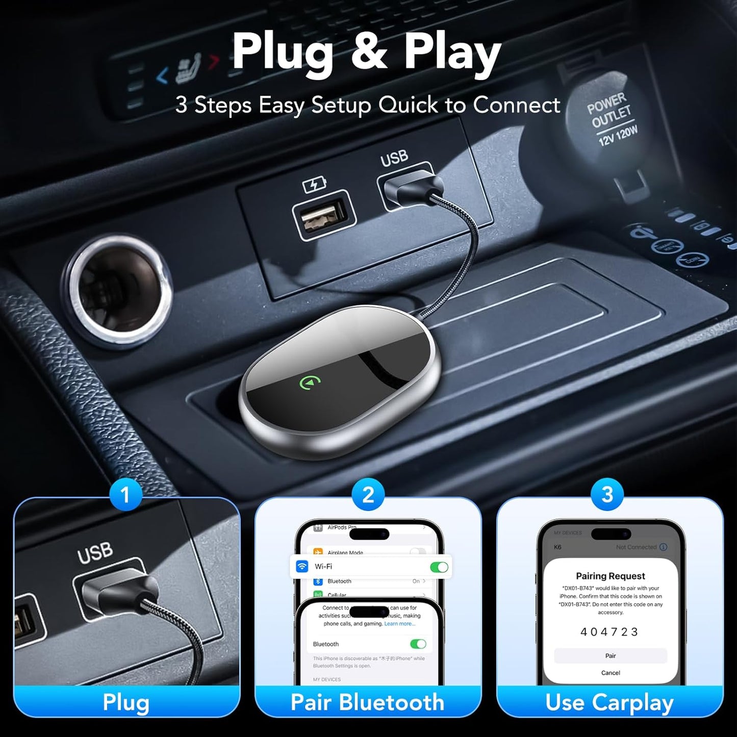 Wireless CarPlay Adapter for Apple iPhone, 2025 Upgraded Converts Wired to Wireless Car Play Adapter, Auto Connect, Mini Size, Compatible with Cars from 2016 & iOS 10+