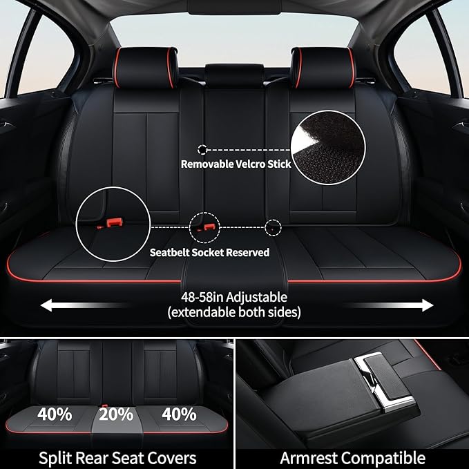 FLORICH Car Seat Cover Full Seats with Waterproof Leather, Car Seat Protectors with Storage Pocket, Airbag Compatible, Universal Seat Cover Fit for SUV, Sedan, Vans, Trucks- Black&Red Line