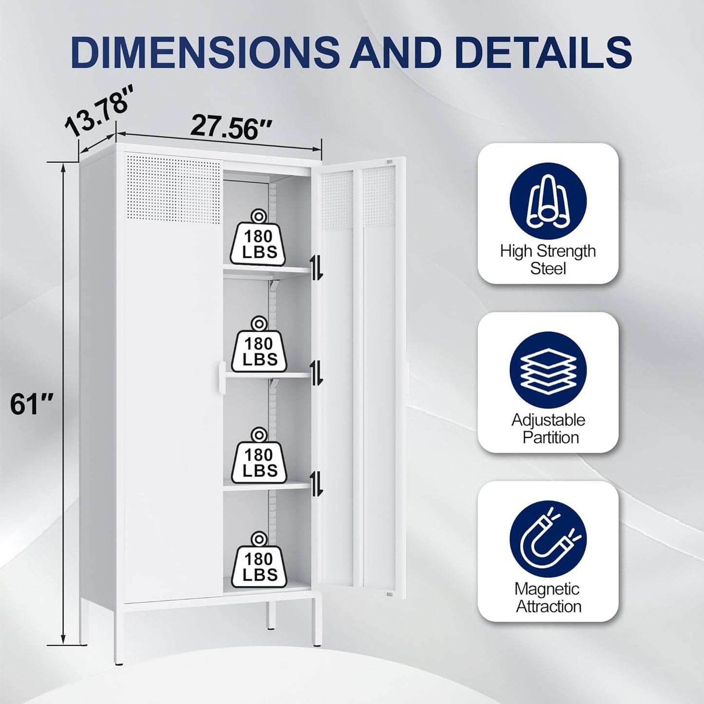 Metal Storage Cabinet with Adjustable Shelves, White, 61''H x 27.56''W 13.78''D, for Kitchen, Laundry Room, Home Office, Kids Room