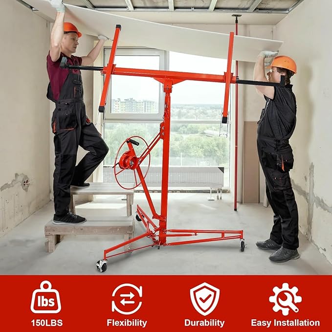 11FT Drywall Lift Sheetrock Lift, 150LBS Capacity, Drywall Lift Panel Hoist with Black Telescopic Arm, Drywall Jack Lift with 3 Lockable Wheels for Home Improvement, 4'x16' Panel Size, Red