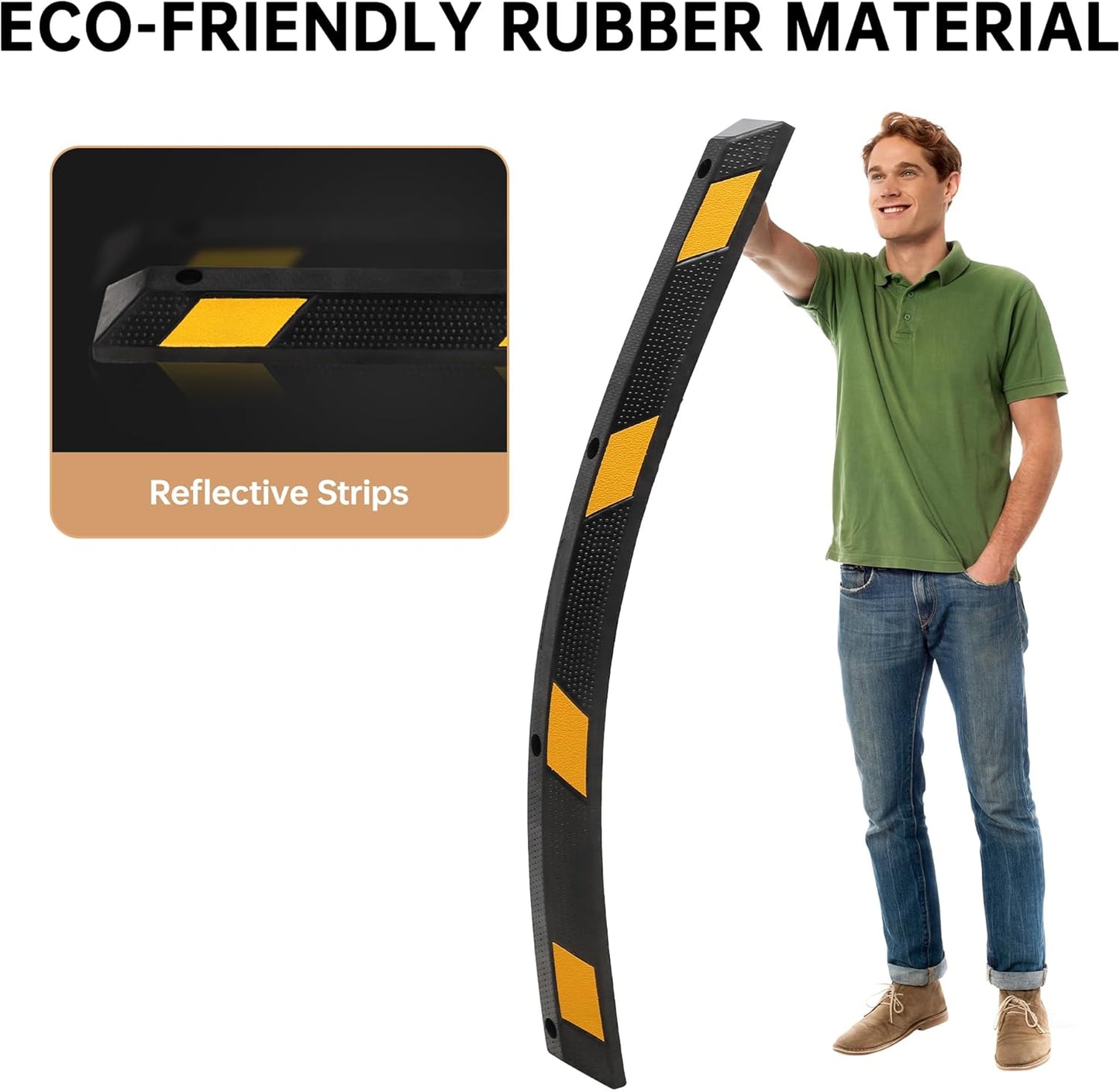 Pack of 2-72" Parking Stoppers for Garage, Heavy Duty Rubber Parking Curb with Reflective Stripe, Garage Floor Wheel Stopper for Car Vehicles Truck, Installation Kit Included