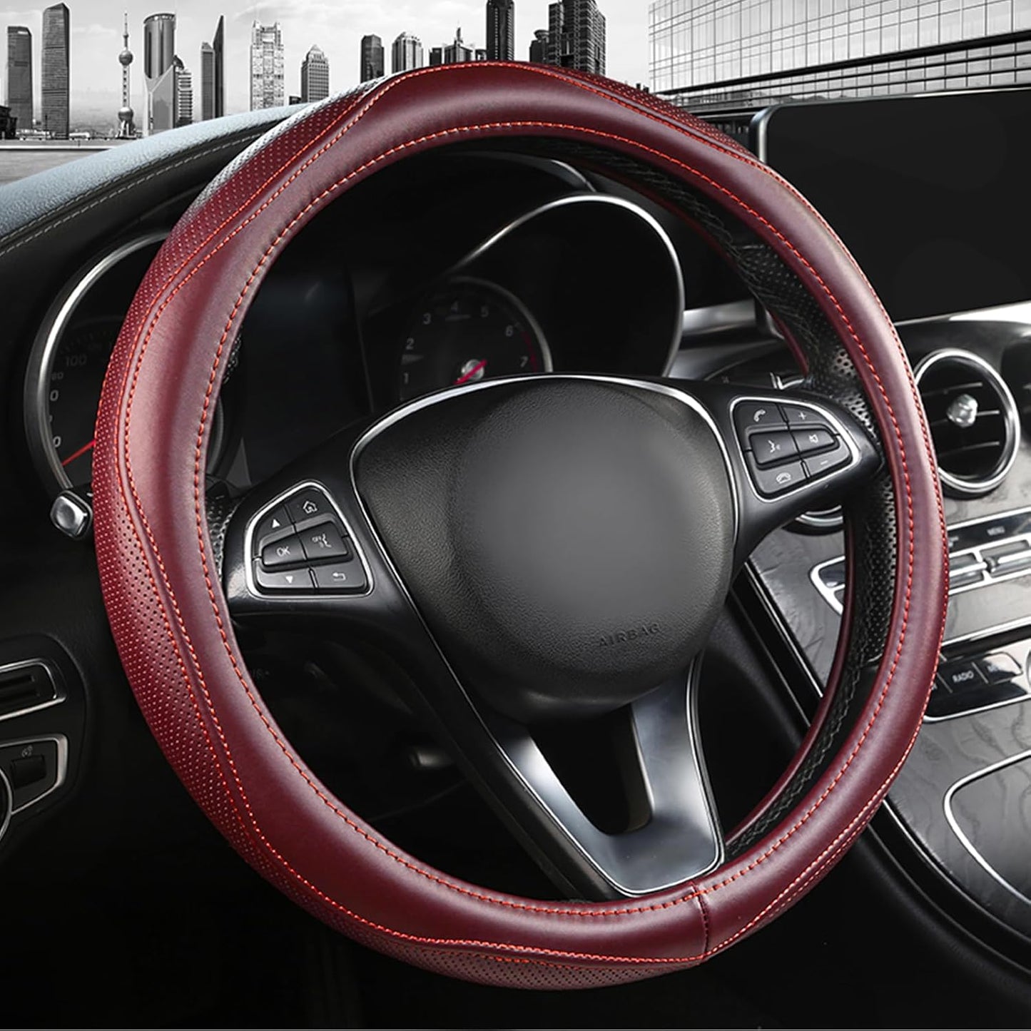 High-Grade Wine Red Genuine Leather Steering Wheel Cover for Men Women，Real Cowhide Leather Steering Wheel Cover for Cars,Universal 14.5-15 inch Steering Wheels