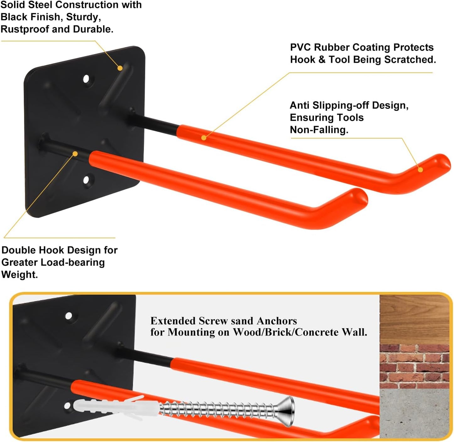 Steel Garage Storage Hooks Wall Tool Organizer, 10 Inch Garage Hook Heavy Duty Utility Storage Hangers Orange for Ladders, Chairs, Garden Tools, Set of 4