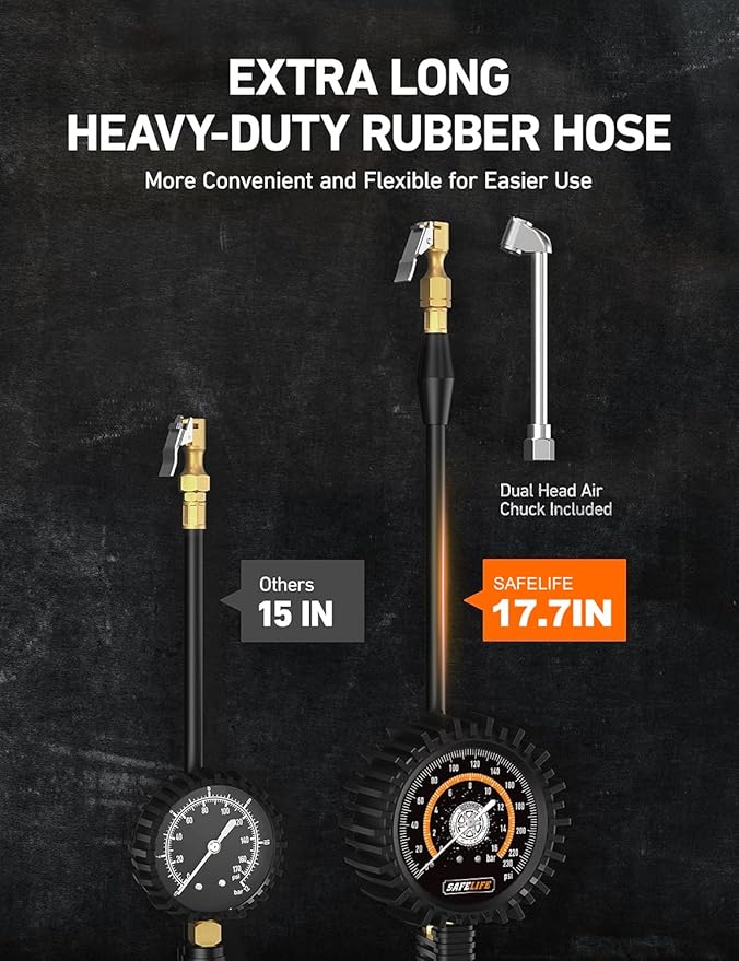 SAFELIFE Tire Pressure Gauge with Inflator 230PSI - Heavy Duty Air Chuck and Compressor Accessories with 17.7" Rubber Hose, Large 3" Easy Read Glow Dial for Truck and RV