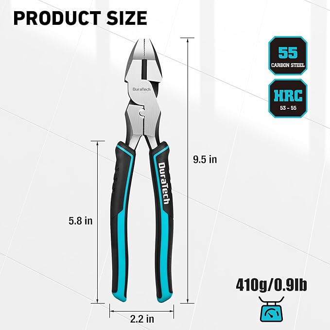DURATECH 9.5 INCH High Leverage Linemans Pliers, Heavy Duty Side Cutters, Linesman Pliers for Wire Cutting, Crimping
