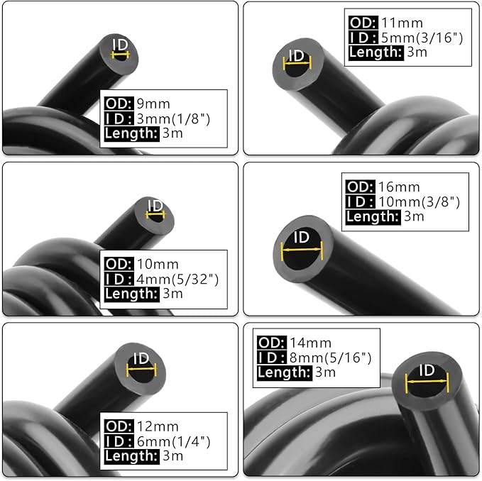 Silicone Vacuum Tubing Hose 10 FT 6PCS, 1/8" 5/32" 3/16" 1/4" 5/16" 3/8" ID High Performance 130PSI, Engine Automotive Vacuum Silicone Hose Line Kits