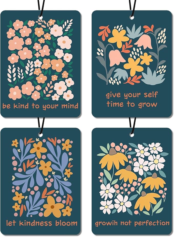 Boho Flower Car Air Freshener,Self Care Floral Car Air Fresheners - Inspirational Quotes & Flower Card, Natural Non Toxic Air Freshener, 4 - Pack Decor & Gift for Car, Closet & Home