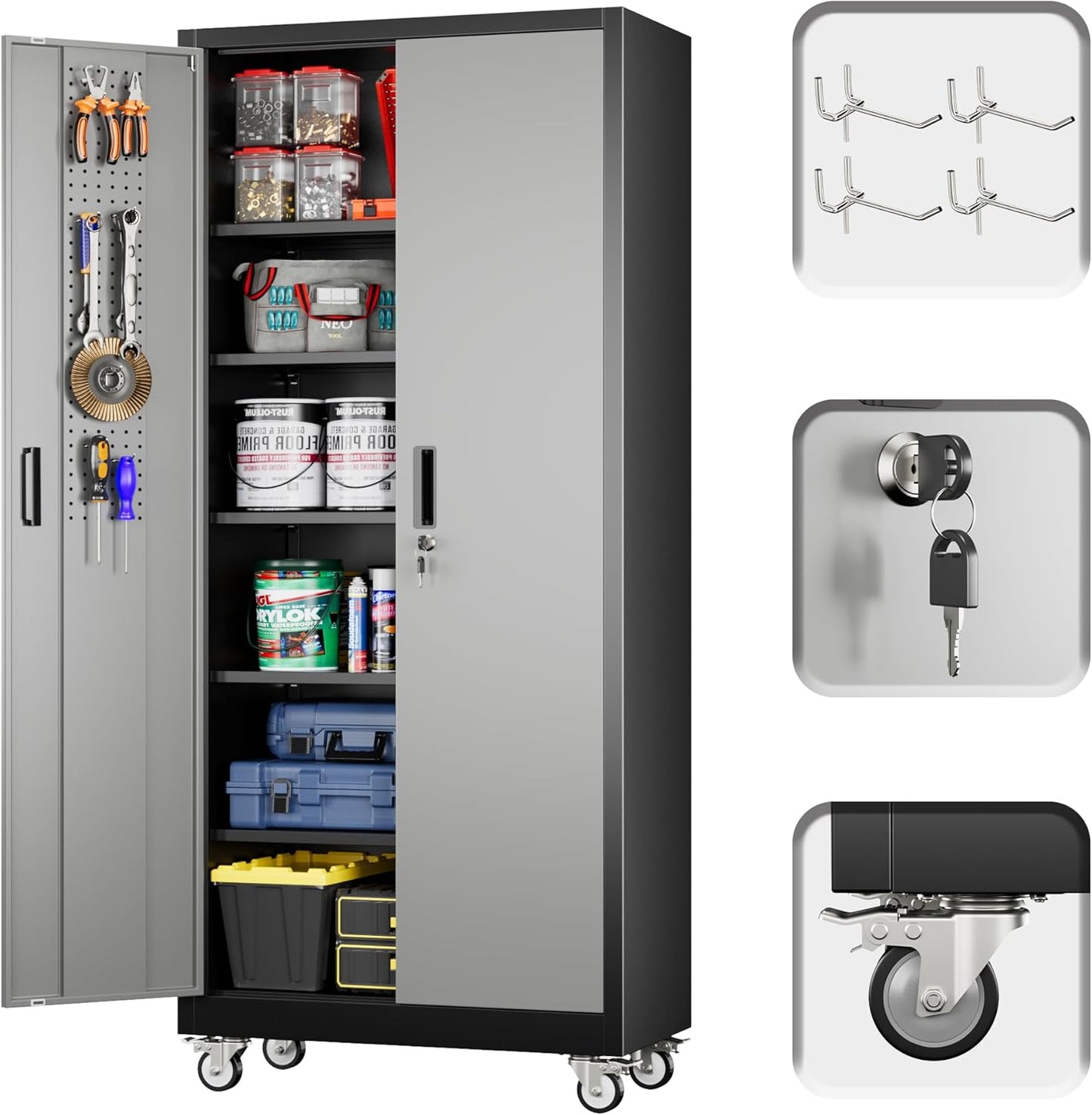 Garage Storage Cabinet with Pegboard and 5 Adjustable Shelves, 71'' x 32'' x 16''Metal Lockable Cabinet with Magnetic Doors,Tool Storage,Home Office Garage,Gym,School (Black-Grey)