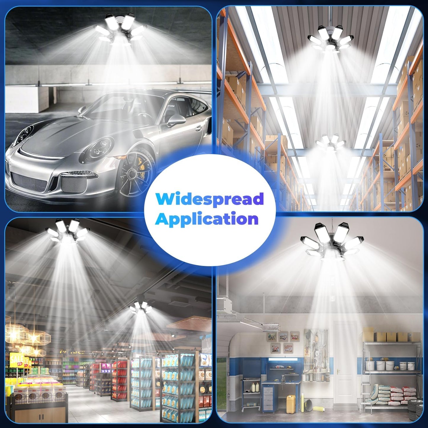 Garage Lights - Super Bright 250W LED Garage Ceiling Light w/ 8 Deformable Panels 6500K Led Light Bulb Srew in E26/E27 Socket with Adjustable Center Spotlight for Barn Workshop Attic - 4Pack
