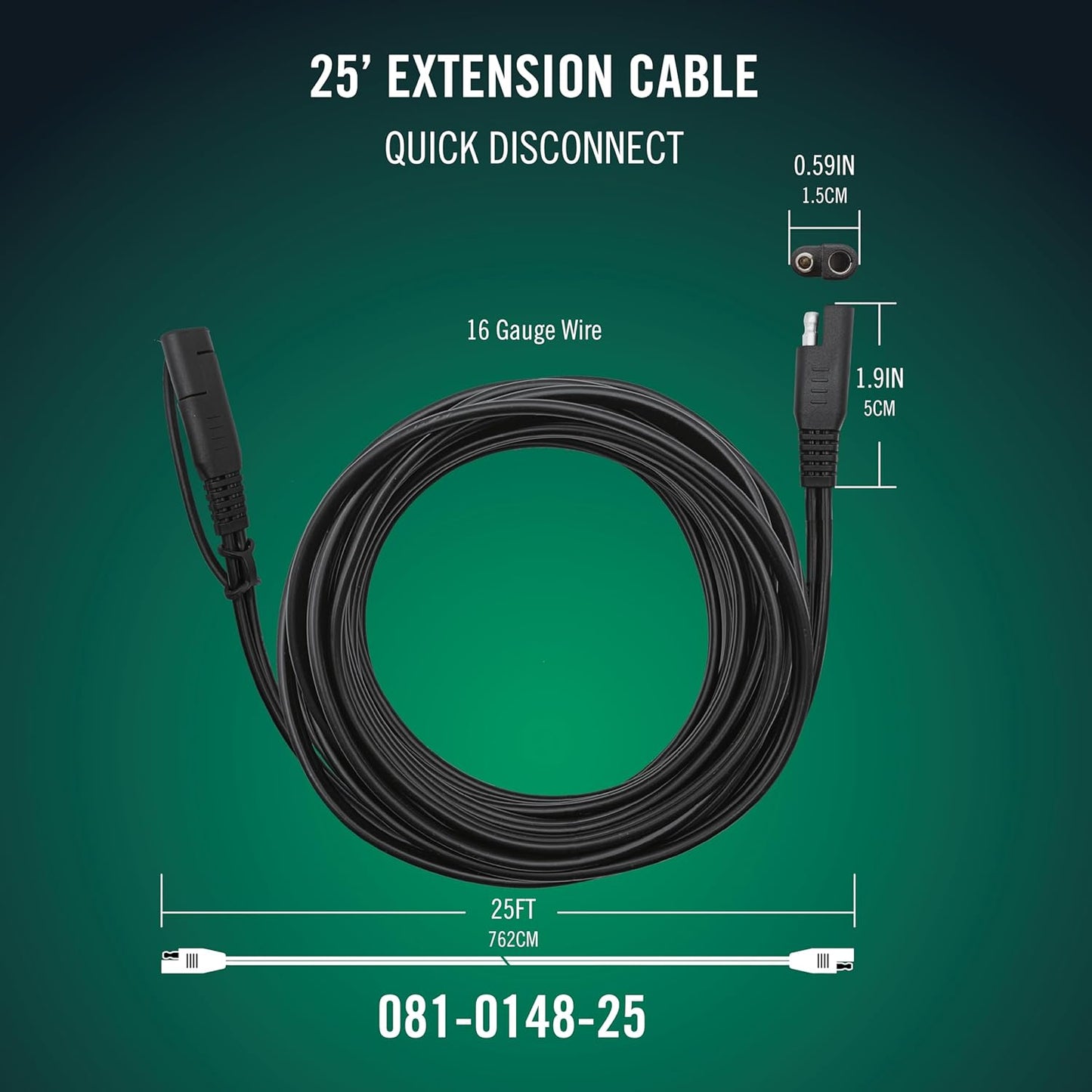 Battery Tender 25 Foot Extension SAE Cable - Designed for Use with Battery Tender Chargers - Quick Connect Plugs for Easy Connection to Motorcycle, Cars, ATVs and More - 081-0148-25