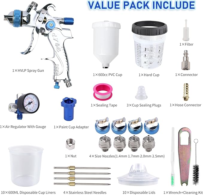 HVLP Spray Gun with 10Pcs 600ML Disposable Paint Cups, Automotive Gravity Feed Spray Gun Kit with 4 Nozzles,1.4/1.7/2.0/2.5mm, Sprayer Gun with Air Compressor Regulator for Auto Paint (Blue)