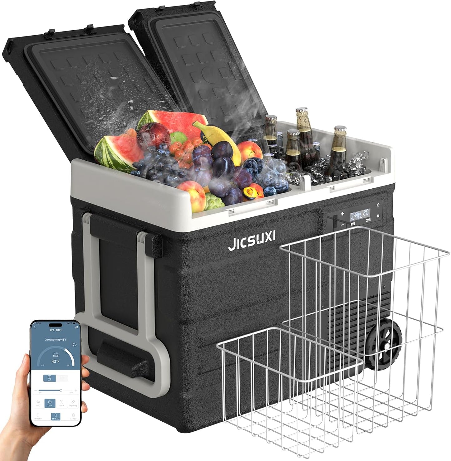 12 Car Refrigerator, 53Quart Dual Zone 12V Car Fridge Portable Freezer(-4F~68F), Compressor Electric Cooler with 12/24V DC 110-240V AC, APP Control, for Camping, Travel, RV, Truck (53Quart)