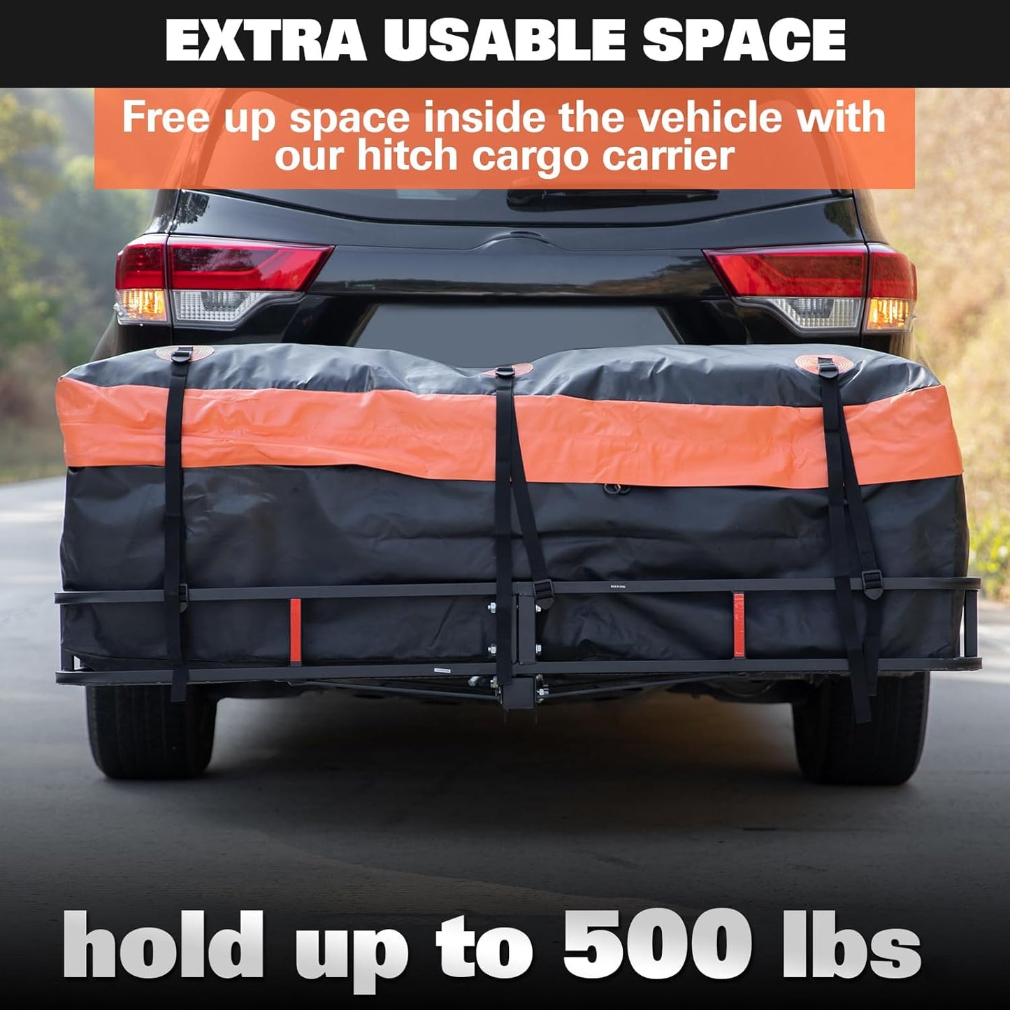 WEIZE Folding Hitch Mount Cargo Carrier 60" x 20" x 6", 500 lbs Capacity Hitch Cargo Rack with Waterproof Bag, Hitch Stabilizer,Net and Straps for SUV Pickup Camping Traveling