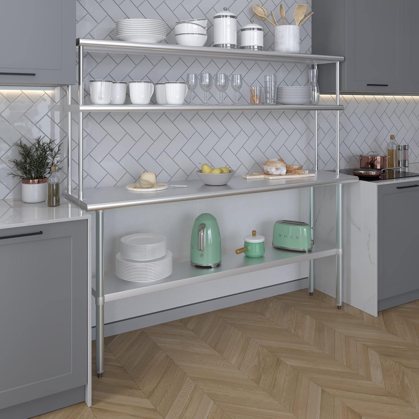 Amgood Stainless Steel Work Table Double Tier Overshelf | Metal Kitchen Prep Table & Shelving Combo (18" x 72" Work Table + 12" Overshelf)