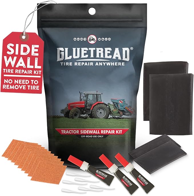 GlueTread Tractor Sidewall Tire Repair Kit | Off-Road Puncture Repair Anywhere No Need to Remove Tire | Enough Material to Patch 5-7 Tires | Puncture Repair Kit for Tractors, Trailers and Mowers