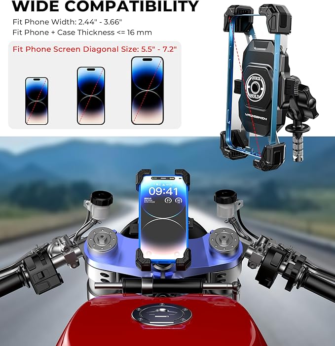 Motorcycle Fork Stem Phone Mount, 1s Auto Lock & Release, Anti-Theft Motorcycle Phone Holder with Aluminum Alloy 1" Ball Short Arm, for 12-25.4mm Diameter Fork Stems, for 5.4"-7" Cellphones