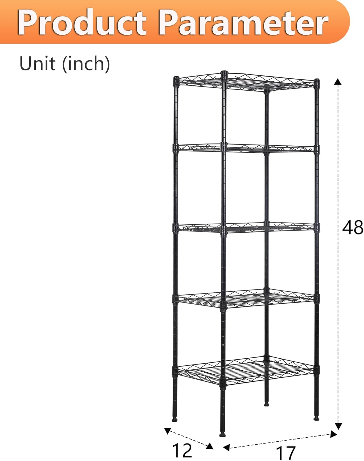 BestOffice 5 Tier Garage Shelving Heavy Duty Metal Shelves 17”D x 12”W x 48”H Easy Assemble Storage Shelves NSF Certified Wire Shelving with Leveling Feet for Garage Home Office, Black