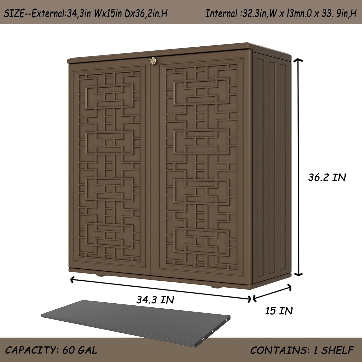 Storage Box Outdoor Caninet,Resin Indoor Storage Box Waterproof Outdoor Storage Cabinets for Patio/Garden/Backyard, Size 34.3''L*15''W*36.2''H(Brown)