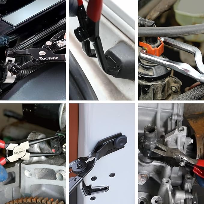 Toolwiz 6 pcs Fuel Line Pliers Set, Hose Clamp Plier, Panel Removal Tool, Hose Removal Plier, 30 Degree Push Pin Pliers, 2 pc 9" Electrical Disconnect Tool for Automotive Repair with Storage Bag