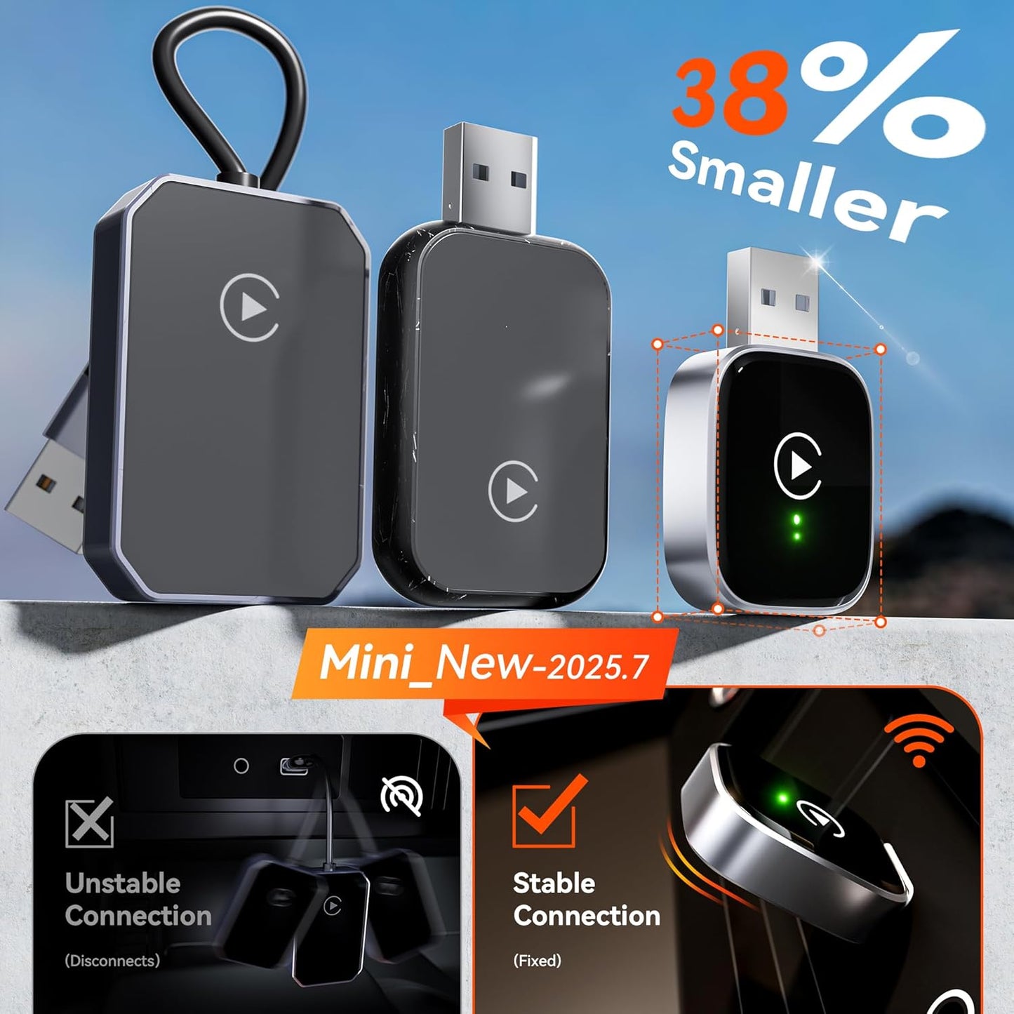 Redlake Wireless CarPlay Adapter for iPhone 2025 Wireless Apple CarPlay Adapter Mini Size with Cable USB & USB-C/Type-C Plug and Play Stable Connection and No Delay