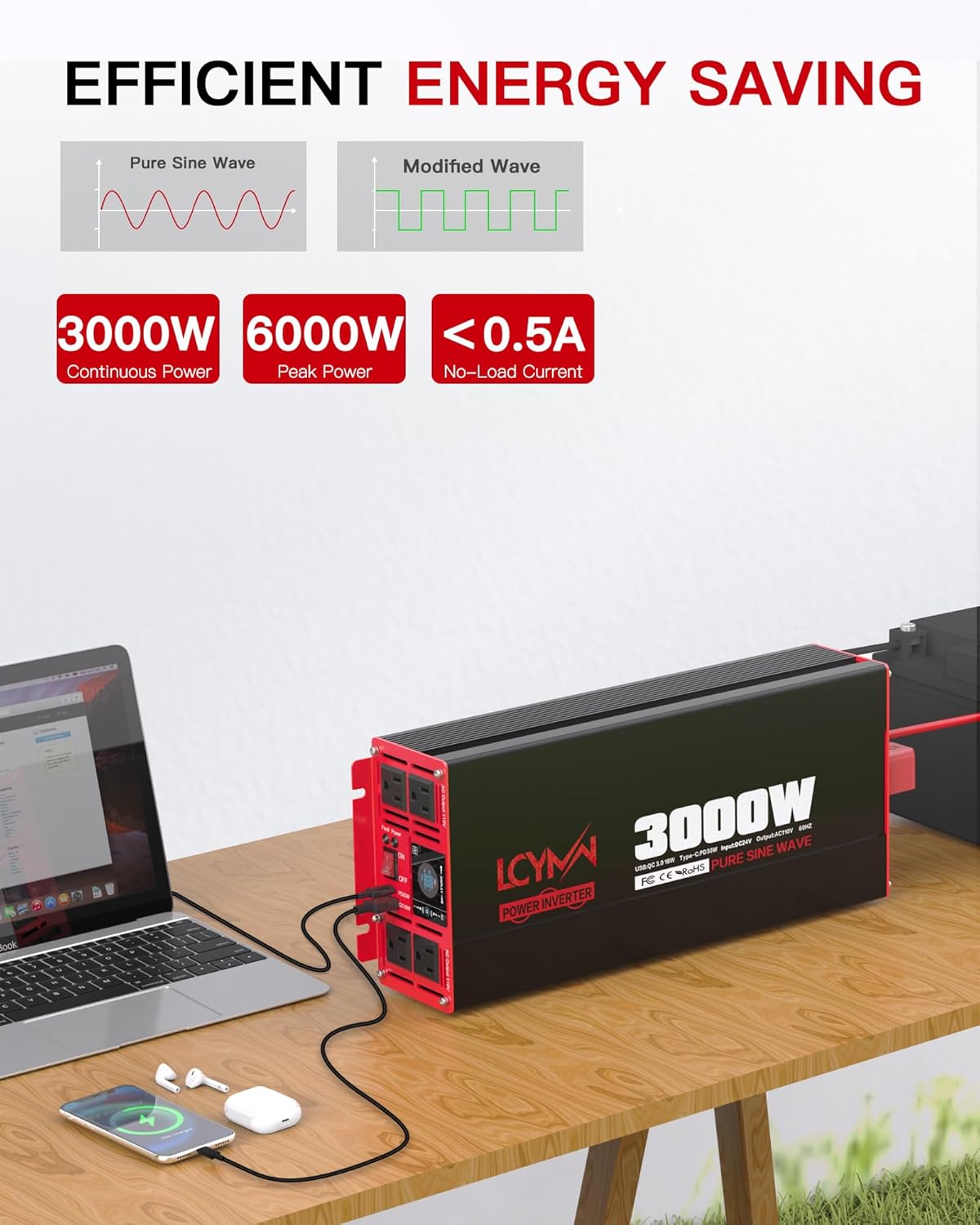 3000 Watts Pure Sine Wave Power Inverter 24V DC to 110V 120V AC Converter for Home RV Off Grid Truck Solar System Inverters with Type-C PD30W USB QC3.0 Port 4 AC Outlets LCD Display and Remote Control