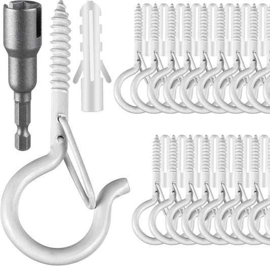 36 PCS Q-Hanger Hooks, Screw Hooks for Outdoor String Lights, Safety Buckle Design Cup Eye Hook for Hanging Christmas Lights, Plants, Mounted on Wall Ceiling, Include 1 Wing Nut Driver, White
