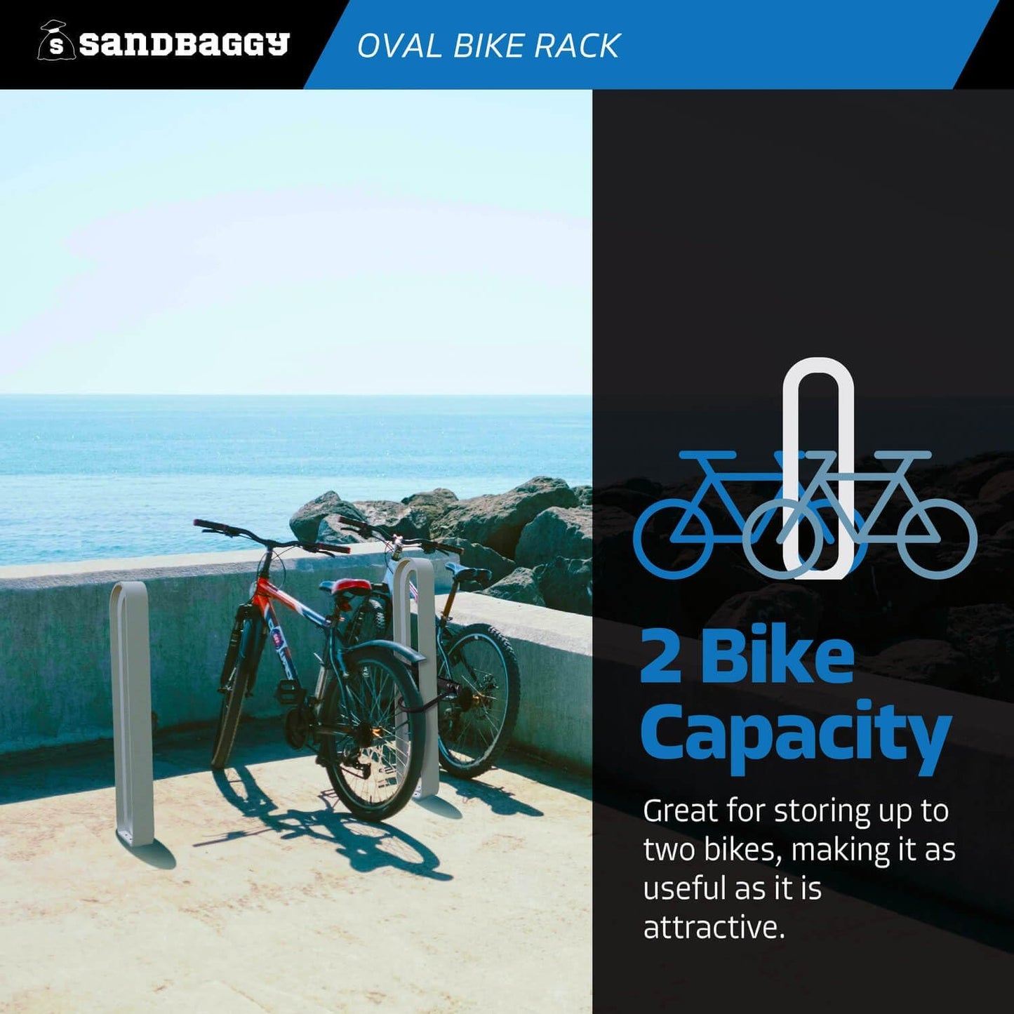 Sandbaggy Modern Commercial Bike Rack | 6.5” x 3” x 35” Oval Design | In-Ground | Anchor Bolts Included (Black, 3)