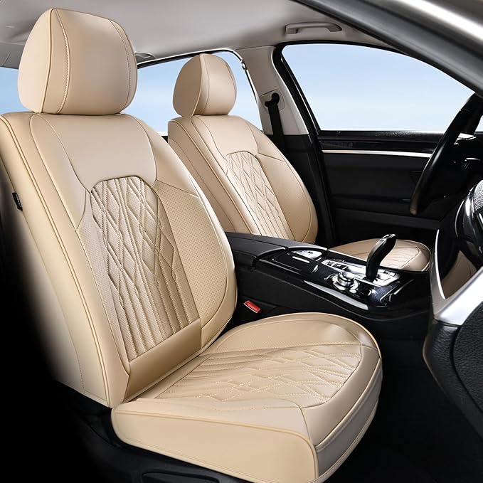 Huidasource Car Seat Covers Full Set, Breathable Leather Seat Cover for Most Car SUV Pickup Truck, Universal Fit for Mazda for Honda for Mini for BMW for Buick for Subaru for Ford(Full Set/Beige)