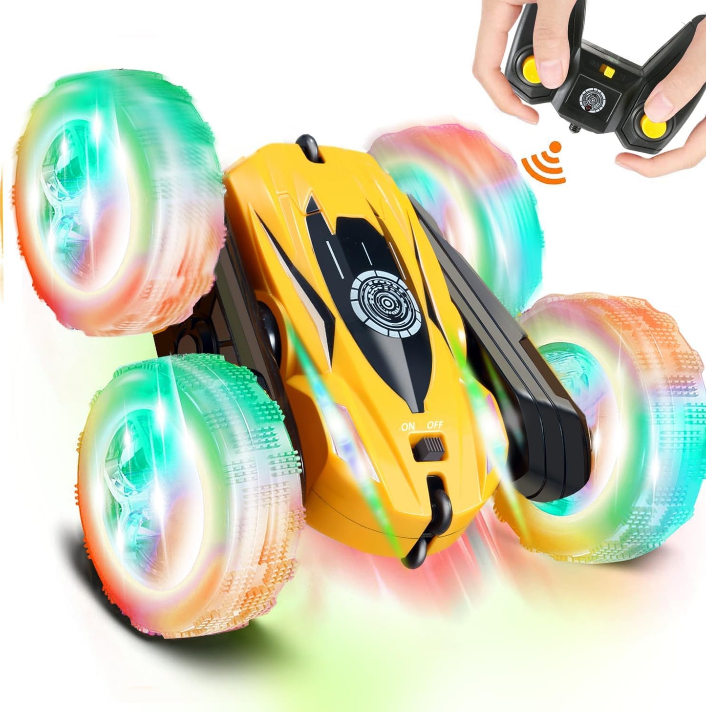 FREE TO FLY Remote Control Car for Boys 6-12: Kids Rc Stunt Car 2.4GHz Fast Race Car with Lights 4WD 360°Rotating RC Cars Toy Gifts Presents for Boys Girls Age 6 7 8 9 10 11 Year Old Yellow