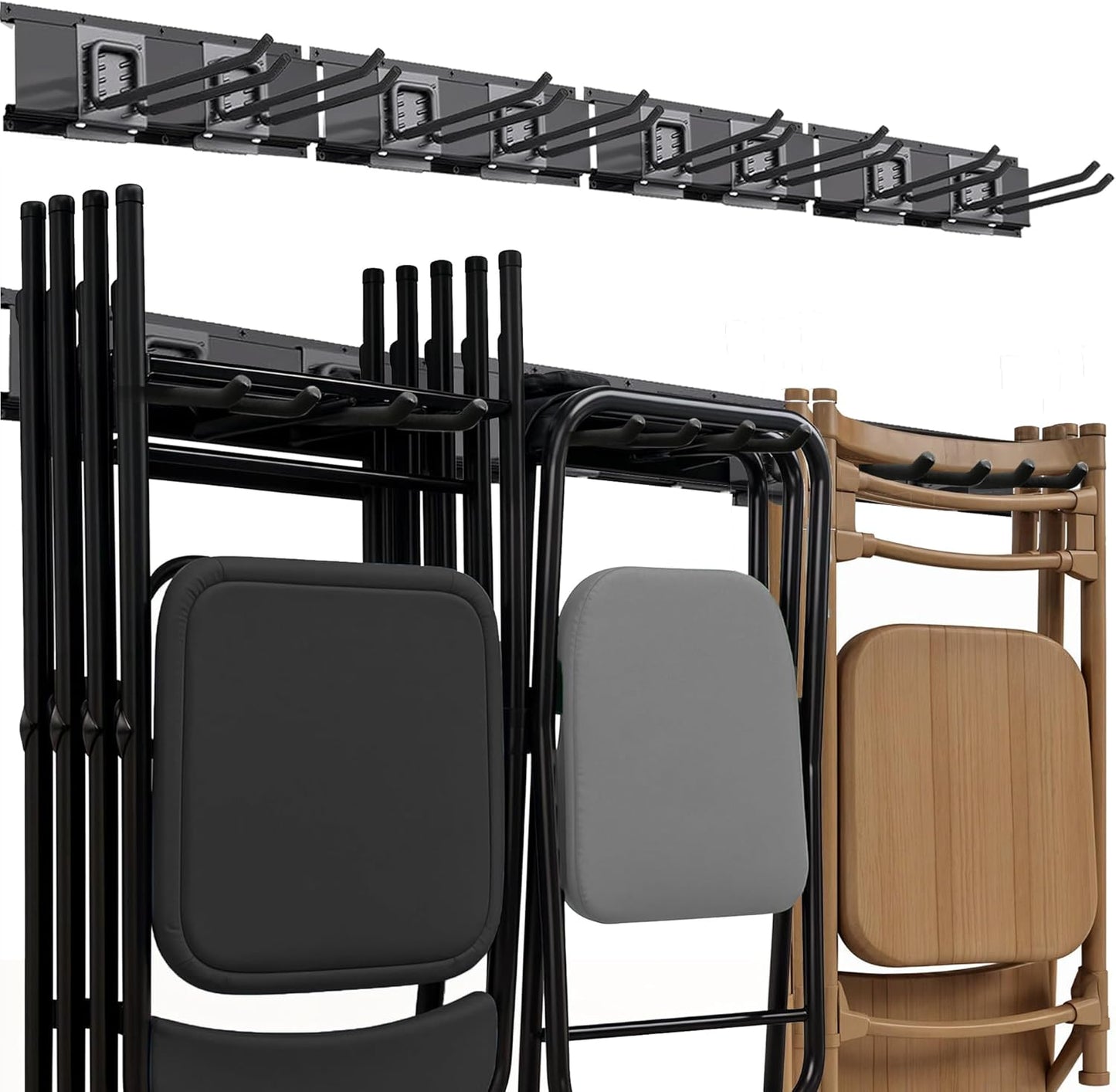 Garage Tool Organizer Wall Mount | 64-Inch Garage Wall Organizer & Folding Chair Rack | Heavy-Duty Tool Hanger System | 12-Piece Kit with 4 Steel Rails & 8 Adjustable Hooks | 400 lbs Capacity