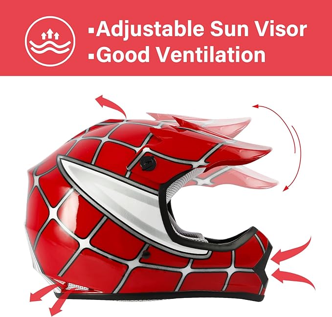 XFMT DOT Youth Kids Dirt Bike Helmet Full Face Motocross Helmets for Off-Road ATV Street Bike Four Wheeler Motorcycle with Goggles & Gloves, Red Spider X-Large