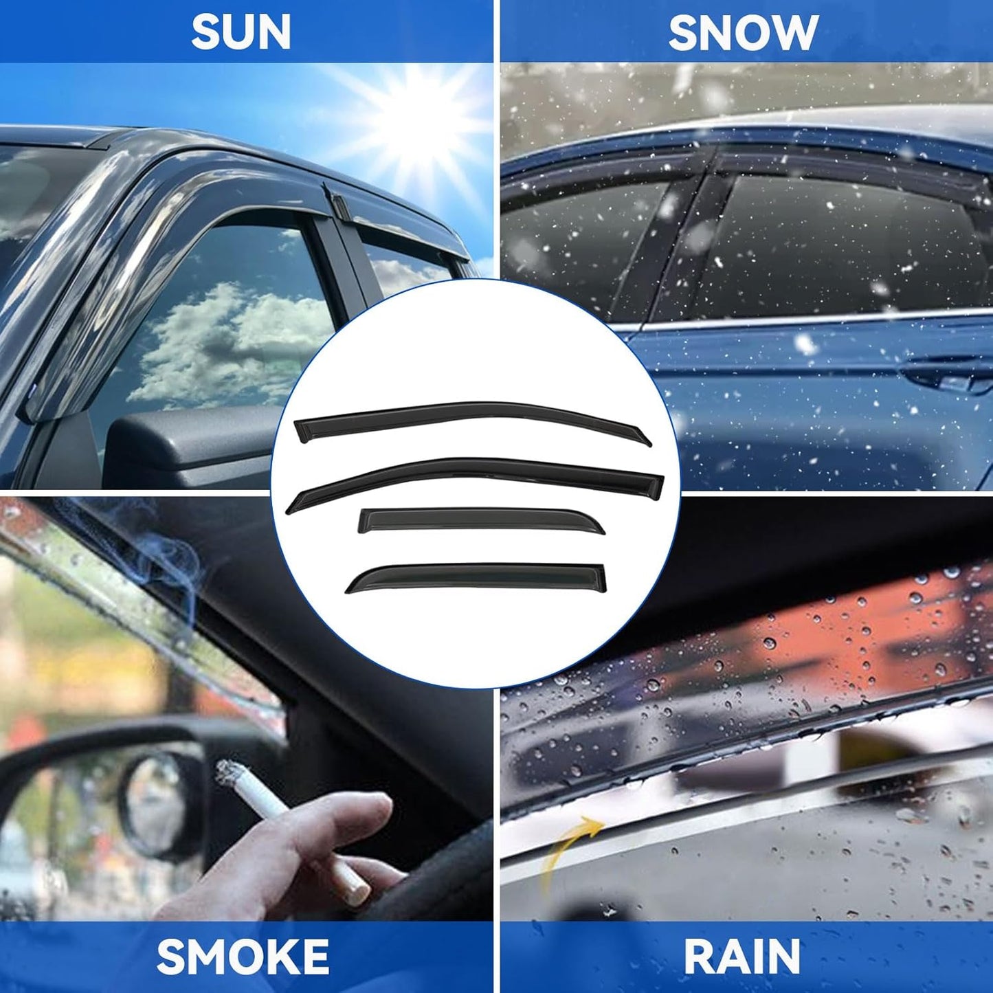 4pcs Front+Rear Smoke Tint Sun/Rain Guard Outside Mount Tape-On Vent Window Visors Compatible with 19-24 Ram 1500 New Body Quad Cab with Small Size Rear Doors