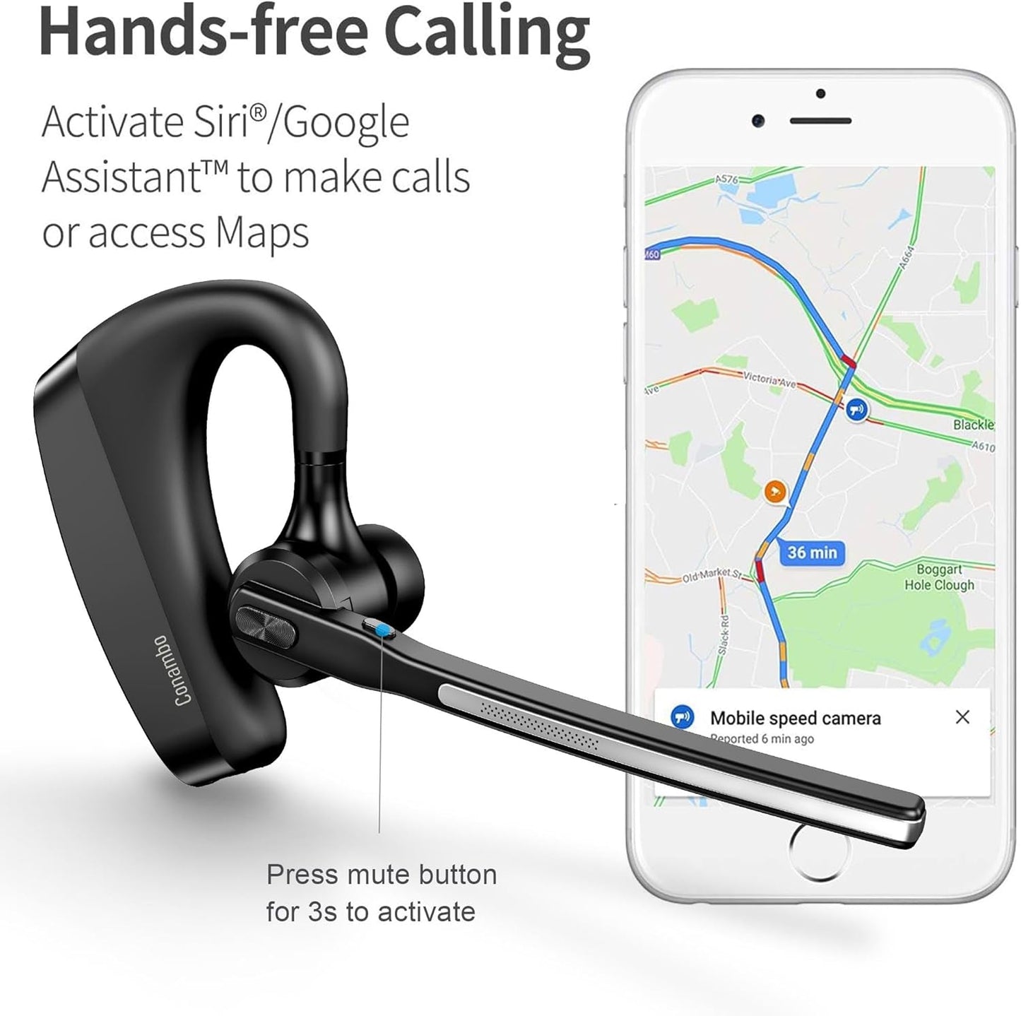 Conambo Bluetooth Headset 5.2 with CVC8.0 Dual Mic Noise Cancelling Bluetooth Earpiece 16Hrs Talktime Wireless Headset for Truck Driver iPhone Android Cell Phones